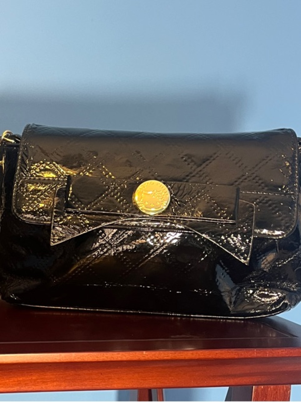 Hello Kitty Black Patent Shoulder Bag with Gold Accent